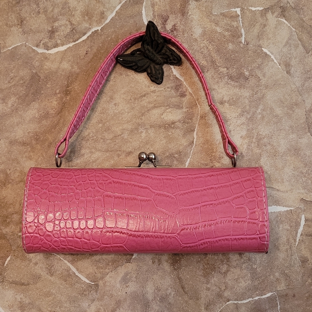 Pink Embossed Faux Leather with Silver Ball Closure Clutch